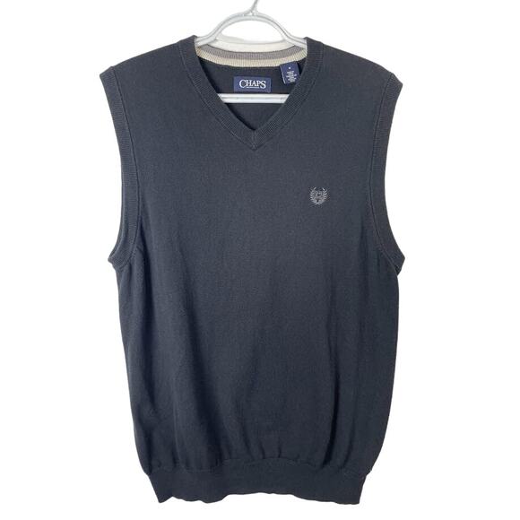 Chaps Sweater Vest Mens Size Medium Sleeveless Pullover Black V Neck Knit Shirt - Picture 1 of 14